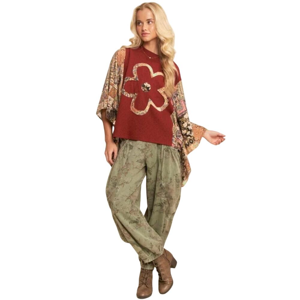 NWT DANI & DAVI Women’s Boho Flower Appliqué Printed Poncho Top